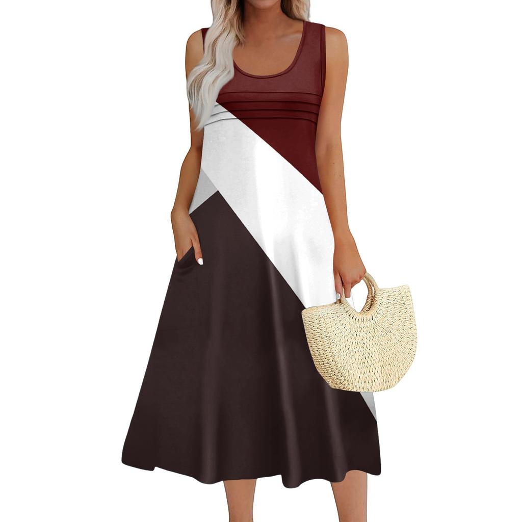 Women's Fashion Round Neck Sleeveless Pleated Beach Dress With Pockets Long Striped Printed Dresses