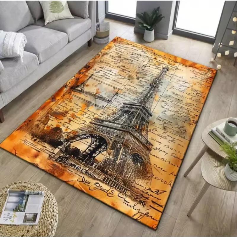 Vintage Paris Eiffel Tower Artistic Living Room Rug, French Retro Non-Slip Floor Mat, Easy Clean Artistic Home Decoration Rug