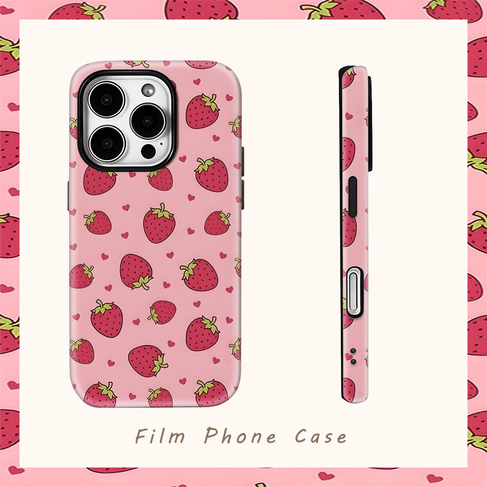 Custodia per Telefono Rosa con Cuori di Fragola per IPhone 17AIR 16E 16 15 14 13 12 11 17 Pro Max Plus Cover Posteriore a Doppio Strato