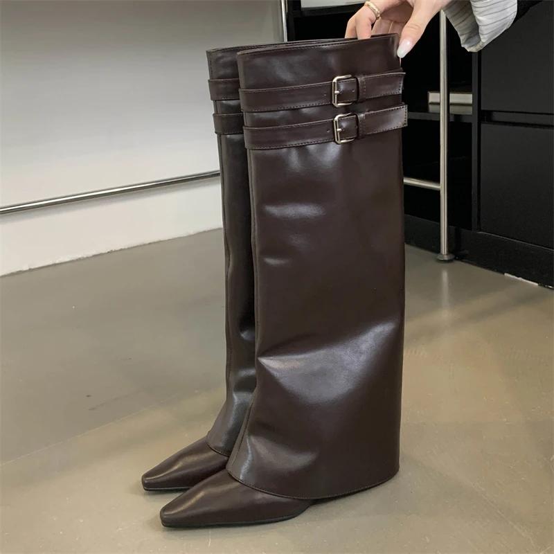 

Eilyken Street Style Fashion Pointed Toe Buckle Strap Women Knee High Boots Thin Low Heels Party Winter Long Boots Ladies Shoes 40