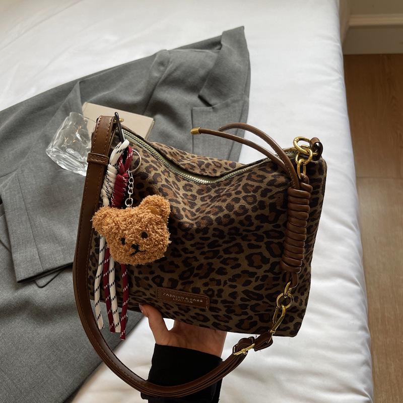 Women's Suede Leopard Print Large-Capacity Retro Crossbody Tote Bag