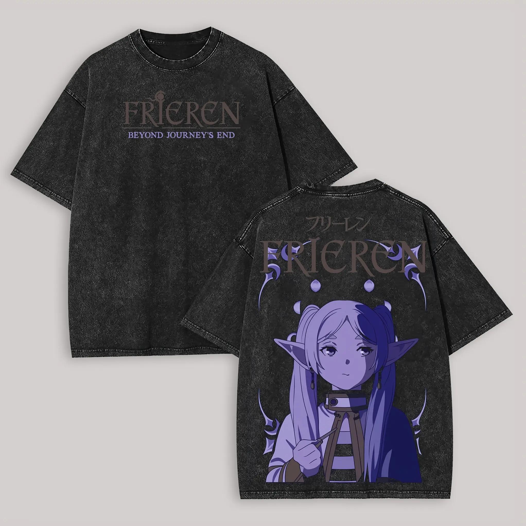 

2026 Anime Frieren Printed T-shirt Men Women Clothing Harajuku Washed T Shirt Summer Short Sleeve Pure Cotton Soft Tees Tops S чёрный