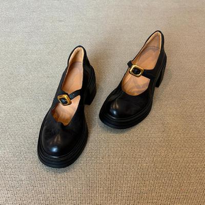 Version cuir de vache~ Mary Jane petites chaussures en cuir rétro bout rond boucle en métal semelle épaisse bouche peu profonde navettage polyvalent talon épais chaussures simples