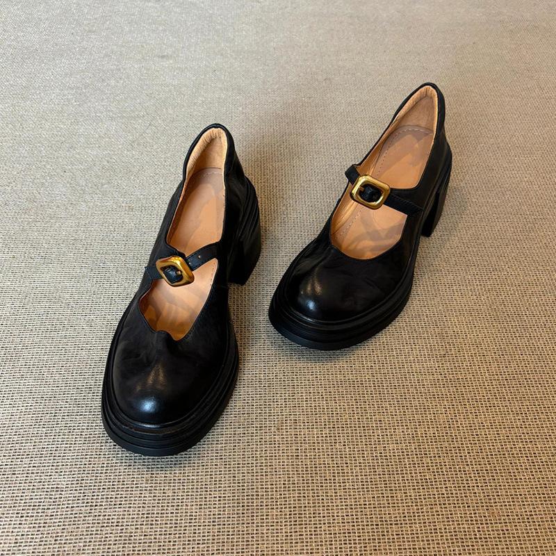 

Версия из коровьей кожи~ Туфли Мэри Джейн из мелкой кожи, ретро, с круглым носком, металлической пряжкой, толстой подошвой, с неглубоким вырезом, для работы, универсальные, на толстом каблуке, одинарные туфли 39 коричневый