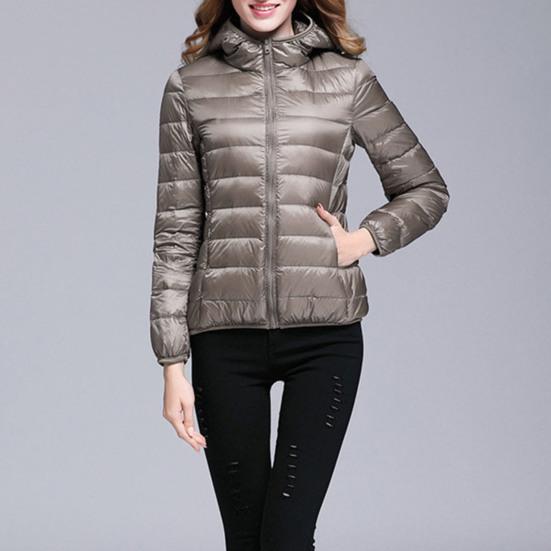 Women Winter Down Jacket with Hood And Zipper Pockets Zip-up Padded Solid Color Short Type Outerwear Long Sleeves Lightweight Slim Fit Jacket