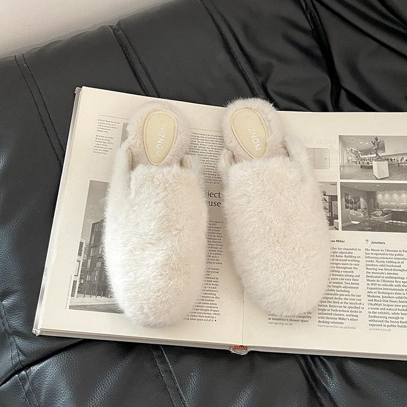 Semsket skinn med skjørt, flate fluffy sko for kvinner, fransk mild vind om høsten og vinteren, enkel pendling, allsidig veskehode fluffy tøffel