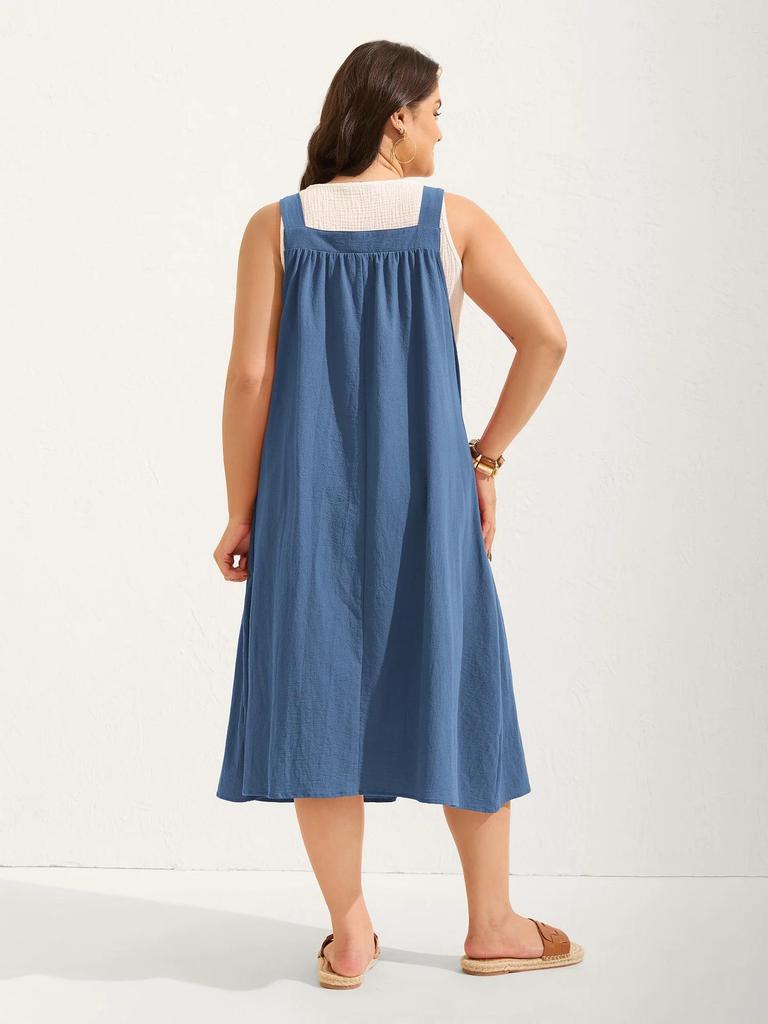 Plus Size Women's Cotton Pleated Suspender Dress with Pockets - Casual and Slimming Fit