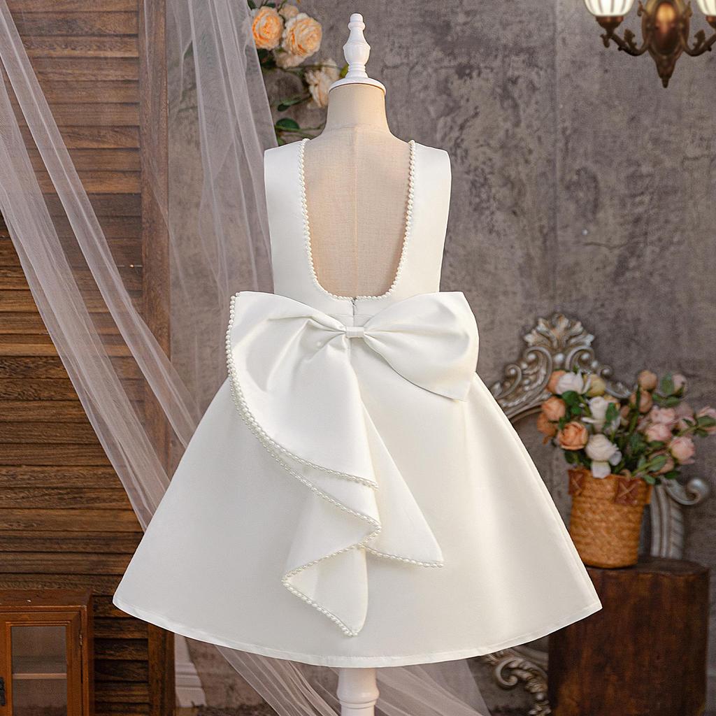 Mädchen Perlen Schleife Puffiges Prinzessinnenkleid - Rückenfrei Formell Feiertagskleidung