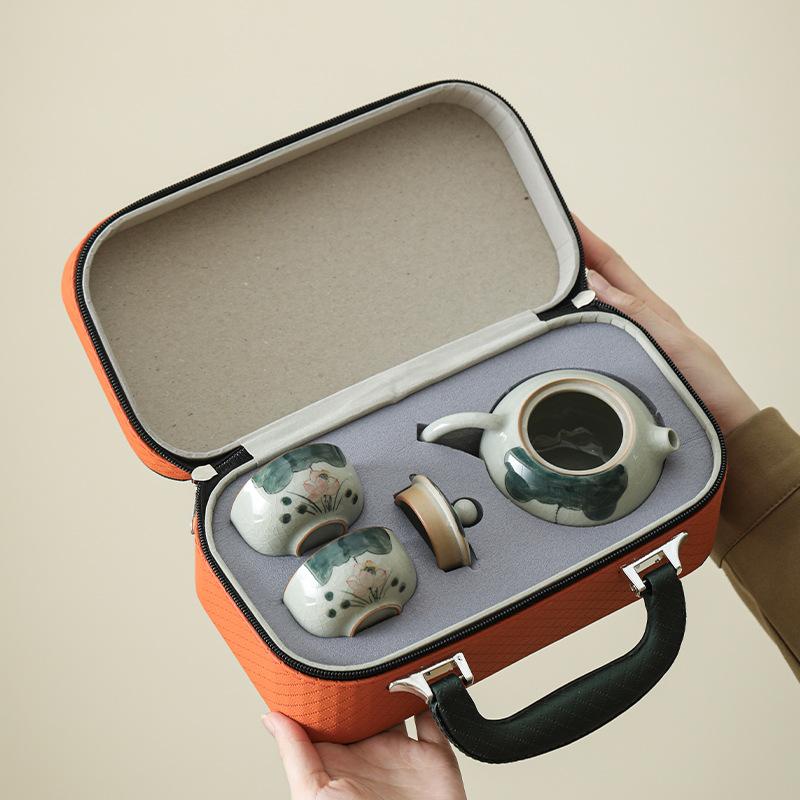 Hand-Painted Ge Kiln Travel Tea Set, High-End One Pot, Two Cups, Small Set, Portable Outdoor Kung Fu Teapot, Drinking Tea Cup