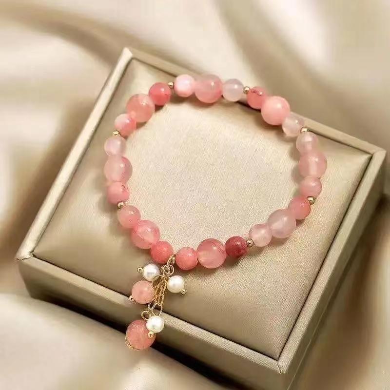 Romantic Pink Crystal Stone Bracelet Strand Bracelets For Women Charming Imitation Pearl Drop Bracelet For Picnics Party