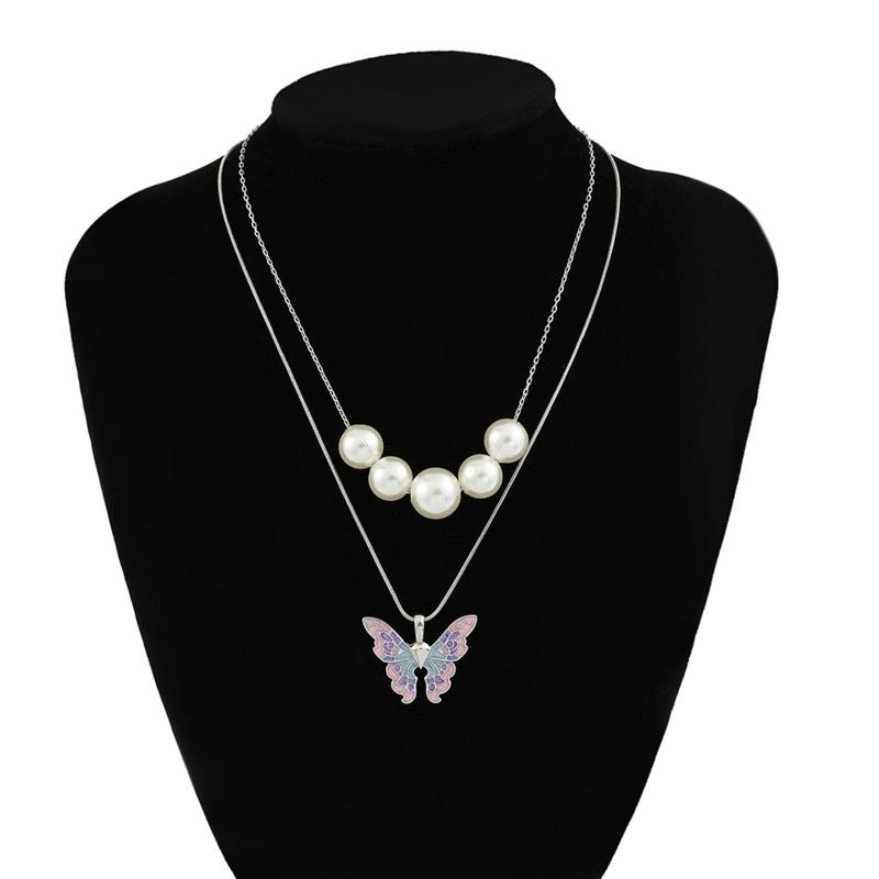 Gold Silver Chain Women for Butterfly Pearl Necklace Double Choker Chains Jewelry Girl Fashion Butterflies Pendant Gift