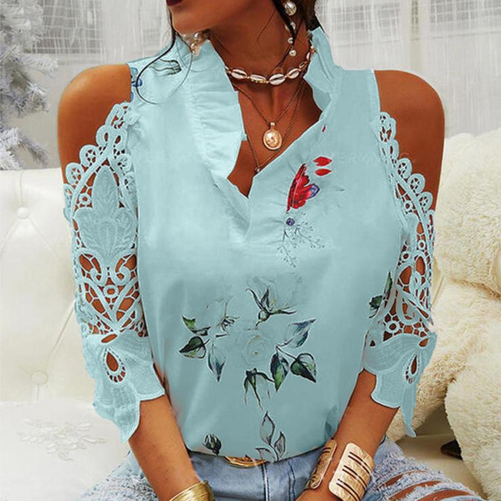 Fashion Women Floral Print Off Shoulder Lace Stitching T-Shirt