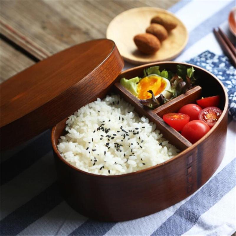 Japanese Style Bento Boxes 1 Layer 3 Grids Wood Lunch Box Portable Picnic Kids Food Container Box