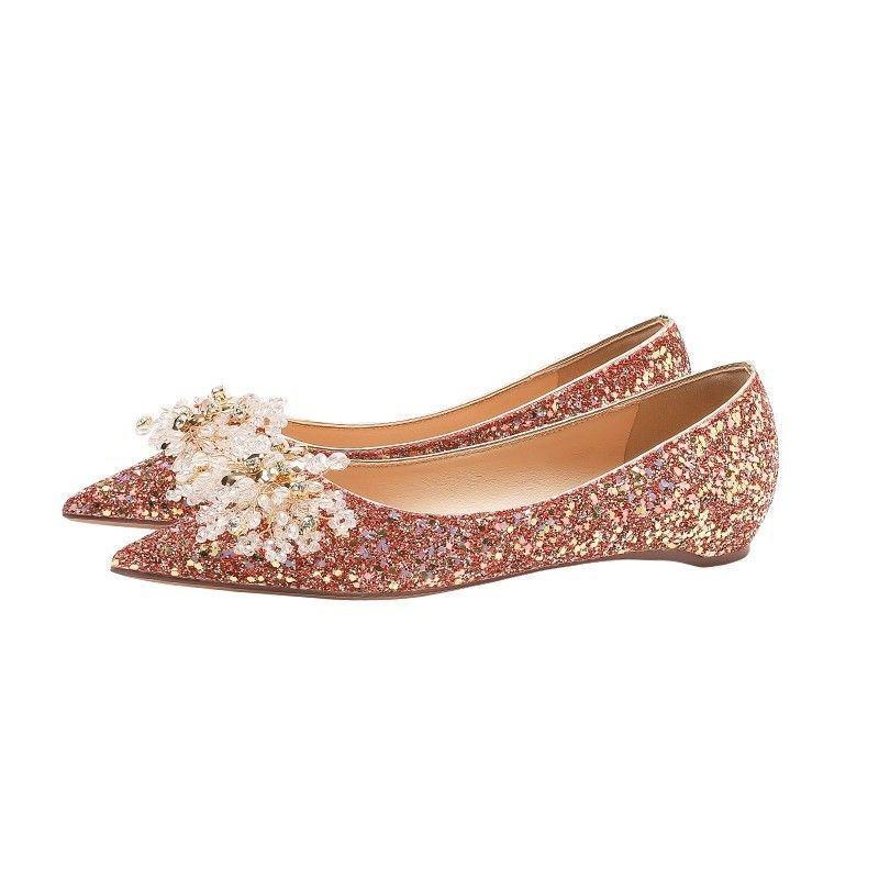 High-end crystal diamond red show clothes women's 2025 new flat-bottomed bridal shoes women's low heels can be worn by pregnant women
