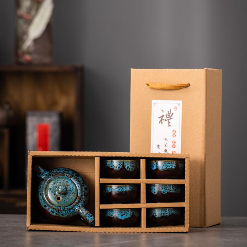 Ceramic Jun Kiln Kung Fu Tea Set, One Pot and Six Cups of Business Small Gifts As Souvenirs