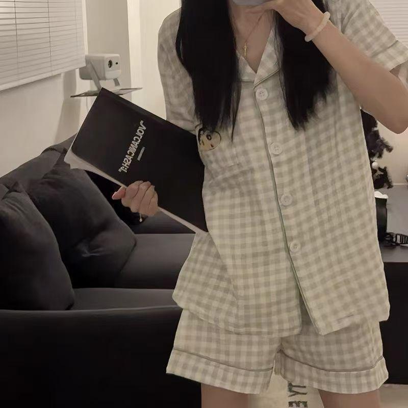 

ins style cute green grid small new pajamas women s summer short-sleeved shorts set beautiful girls can wear loungewear S [recommended weight 35-40kg]