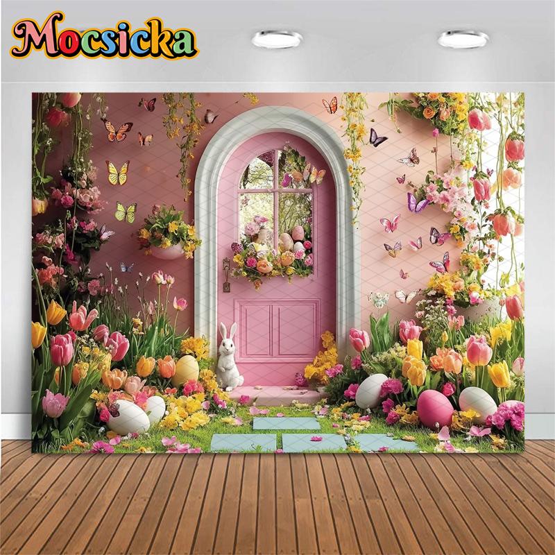 Mocsicka Spring Flowers Backdrop Photography Easter Egg Party Decors Portrait Birthday Background Door Bunny Photo Studio Banner6