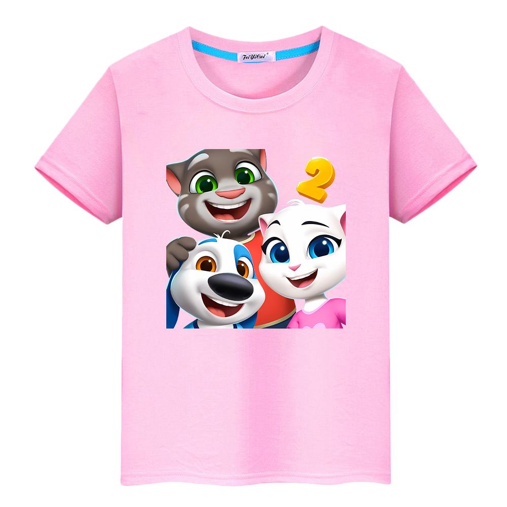 

футболка для детей мальчик 10 лет Говорящий Милый кот Том Принт аниме Футболки Каваи Топы y2k цельный 100% хлопок Короткая футболка прайд для девочки одежда 120 розовый