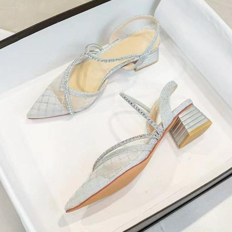 Women's Summer Mesh Rhinestone French Pointed Toe Shoes with Thick Heels and One-strap Sandals