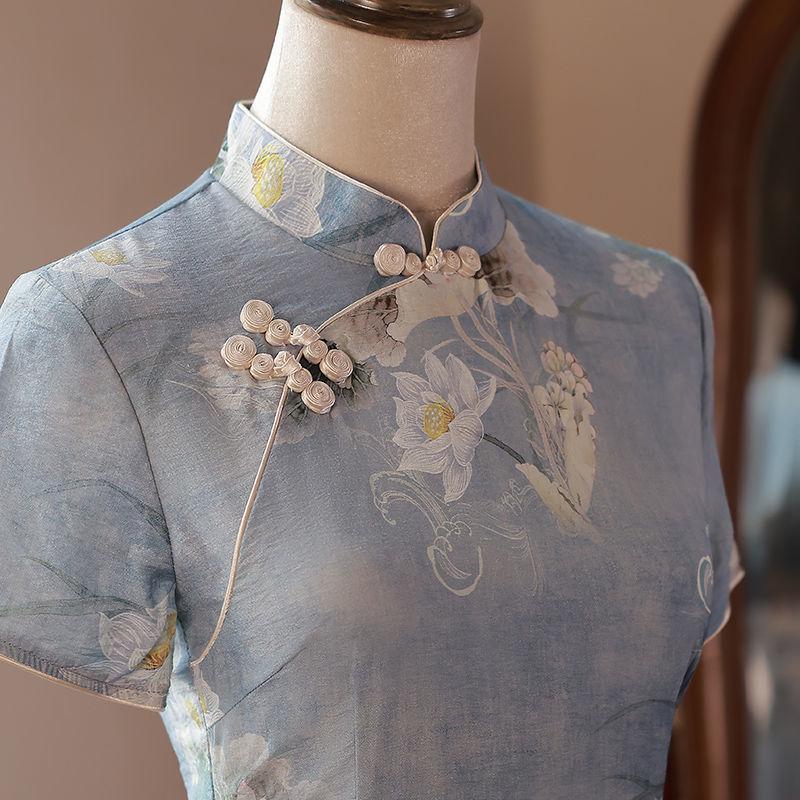 Elegant Blue Retro-Style Cheongsam for Girls - 2024 New Small Size