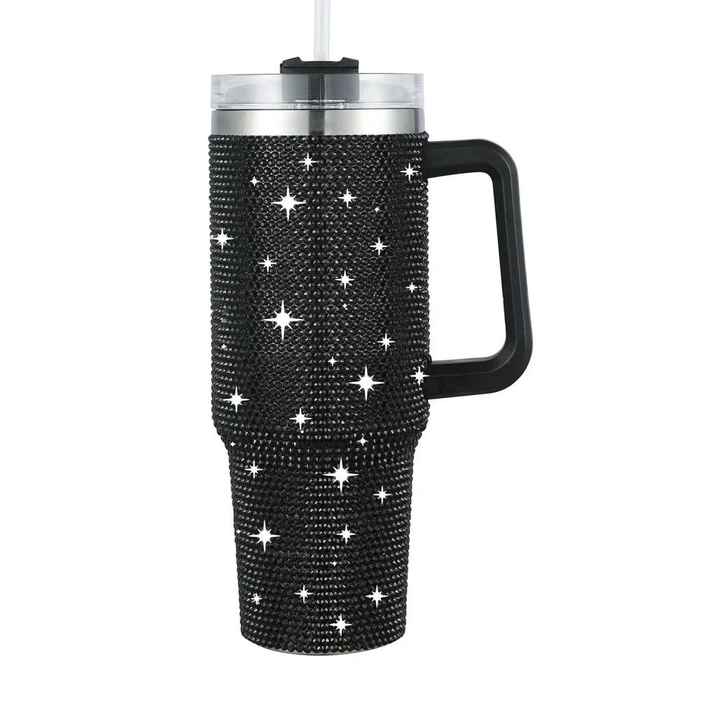 Diamond-encrusted Diamond Thermo Silver Water Cup Starbucks Cup Car Handle Cup 304 Steel Office Home