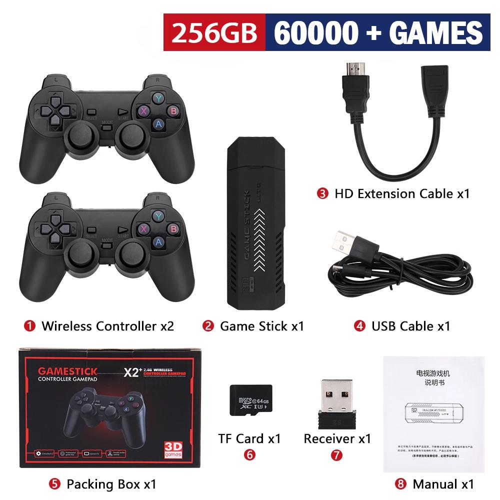 

60000+Games X2 Plus Game Stick 4K HD Video Game Console 256G 2.4G Double Wireless Controller Game Stick For N64/PSP/PS1/GBA