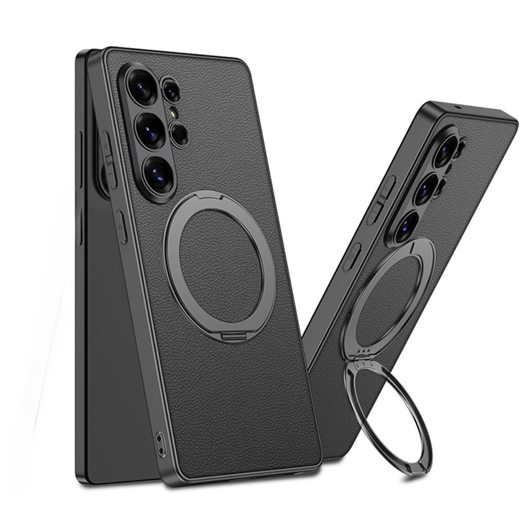 Electroplate Magnetic Rotating Ring Holder Phone Case for Samsung Galaxy S26 S25 S24 Ultra Leather Shockproof Protective Cover