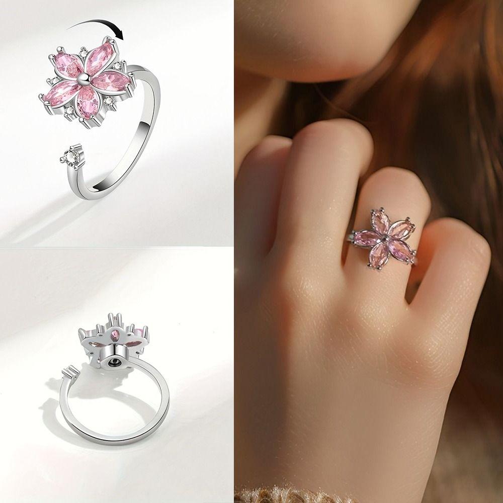 Female Ring Cherry Blossom Ring Rotating Design Pink Zircon Ring Floral Synthetic Ring Daily Wear