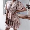 Floral Print Chic Women Summer Dress V Neck Short Sleeve A Line Ruffled Pleated Fashion