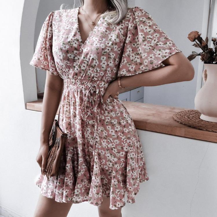 Floral Print Chic Women Summer Dress V Neck Short Sleeve A Line Ruffled Pleated Fashion