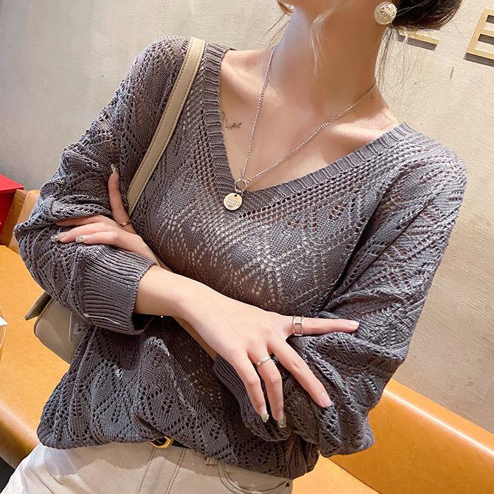 V-neck Crocheted Hollow Knitted Three-quarter Sleeve Blouse Women's Thin Spring Loose Bat Shirt Short Top