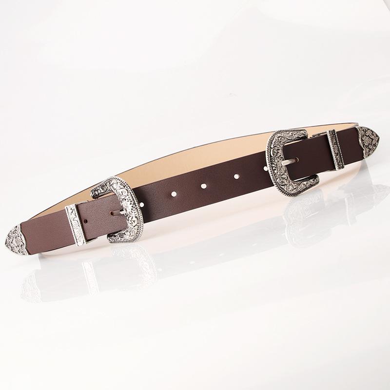 New Women's Belt, European and American Retro Carved Alloy Buckle Belt, Versatile Jeans and Clothing Double Buckle Belt