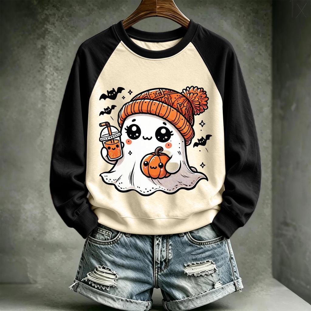 Women's Halloween Printed Neck Pullover Sweatshirt with Cute Design for Holiday
