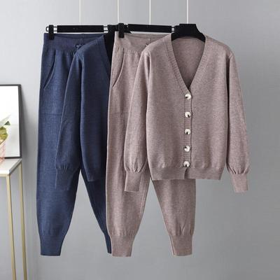 Autumn V Neck Button Long Sleeve Cardigan Sweater Harem Pants Solid Color Two Piece Set For Fashion