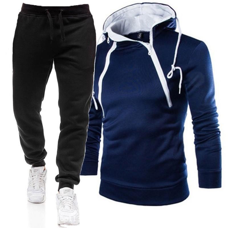 Spring and Autumn Men's Double Zipper Contrast Color Hooded Jacket Set