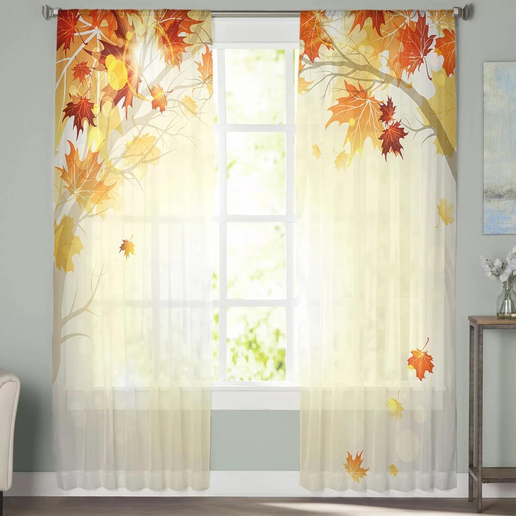 Autumn Beauty Leaves Yellow Sunshine Window Curtains Living Room Tulle Curtains Kitchen Decor Kids Room Curtain Window Treatment