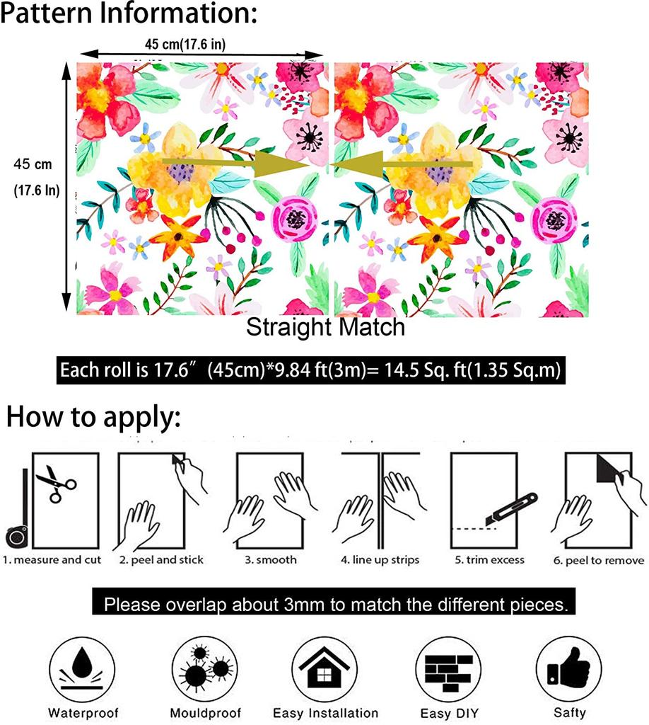 Handpainting Peel And Stick Self-Adhesive Wallpapers Watercolor Seamless Red Yellow Purple Flower Green Leaves for Home Decor