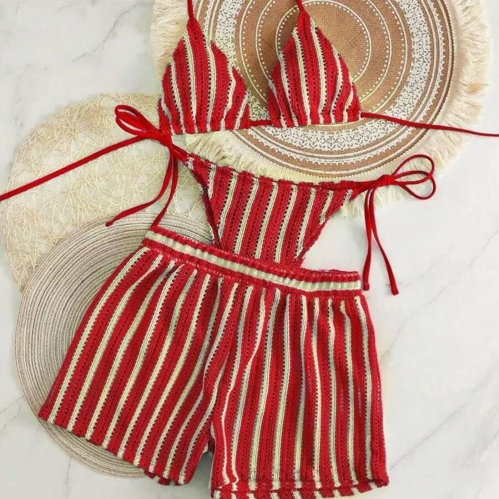 Stripes 3 in 1 Swimwear Set Lace Up Knitting Swimsuit Casual Bikini Bathing Suit  Beach