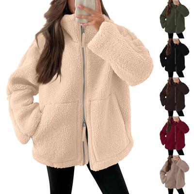 Women's Plush Jacket Casual Long Sleeve Oversized Warm Double Zipper Winter Teddy Coat