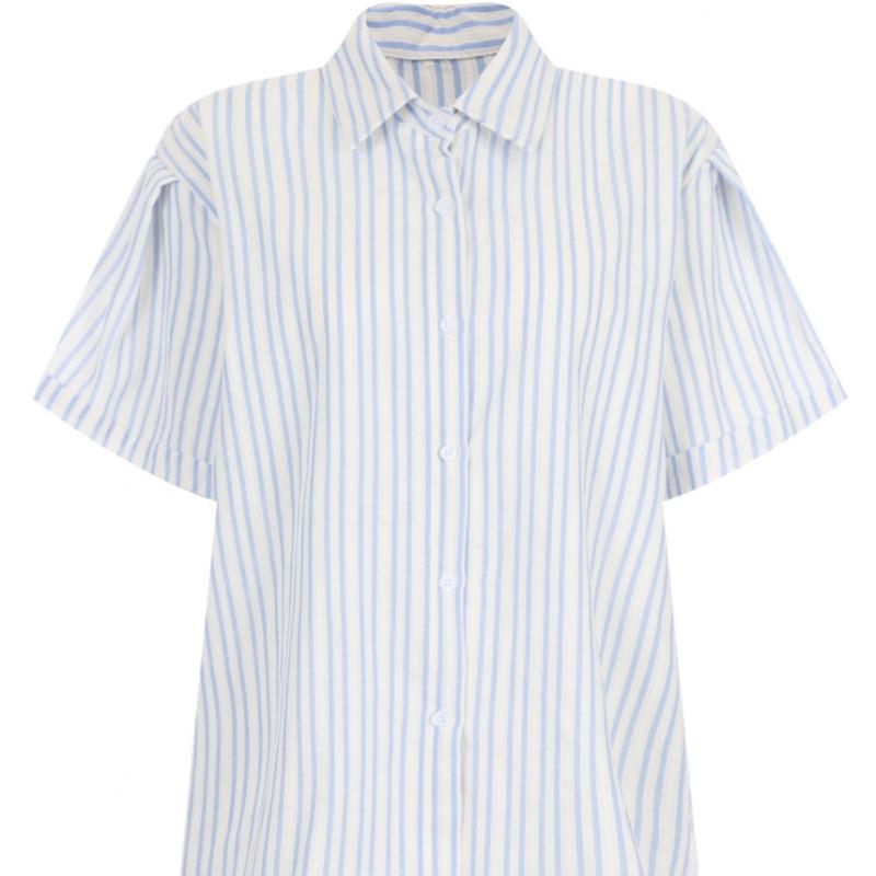 Shop   Women Collar Neck Stripe Basic Short Sleeve Blouse Ivory Egg Wbl 20658