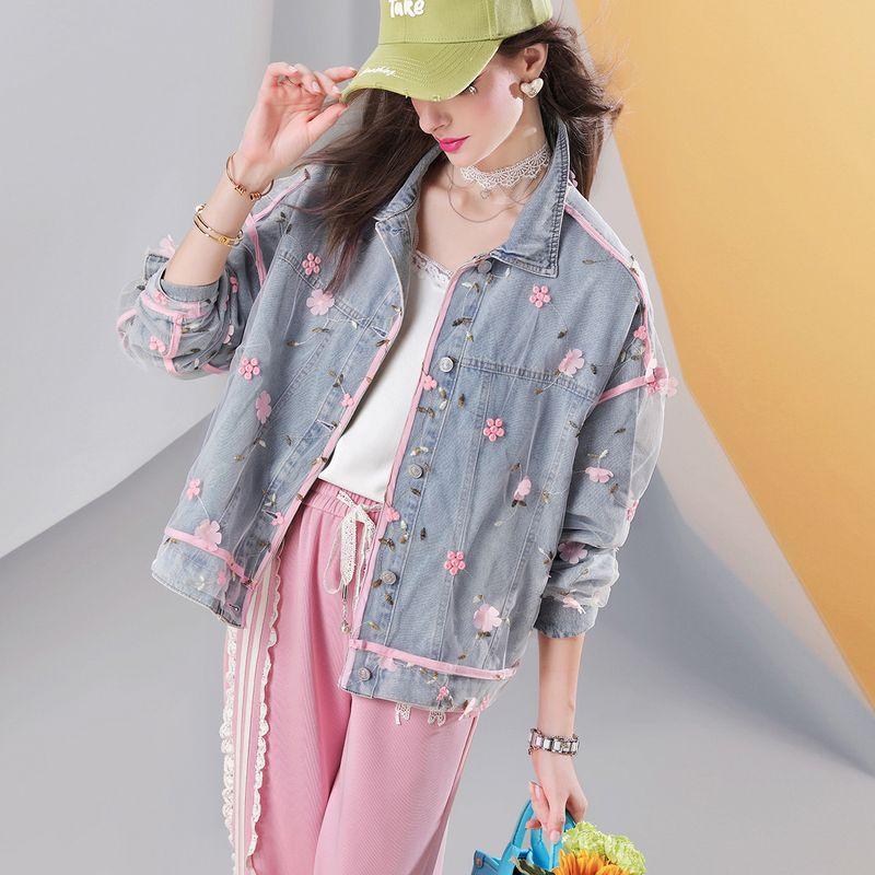 

Европейские товары 2025 Осень Новое поступление Западный стиль Нарядные топы Сетка Вышивка Деним Верхняя одежда Женская куртка Бейсбольная форма R288 Blue In Stock L