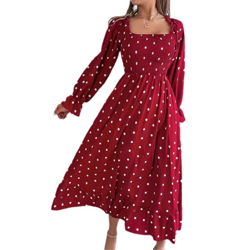 Women Casual European American Polka Dot Ruffled Square Neck Long Sleeve Flared Maxi Dress