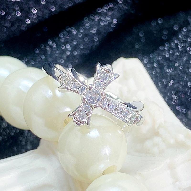 Vintage Punk Cross Butterfly Tail Flower Enamel Iris Flower Opening Ring Personality Dark Zircon Niche Ring Woman Adjustable opening