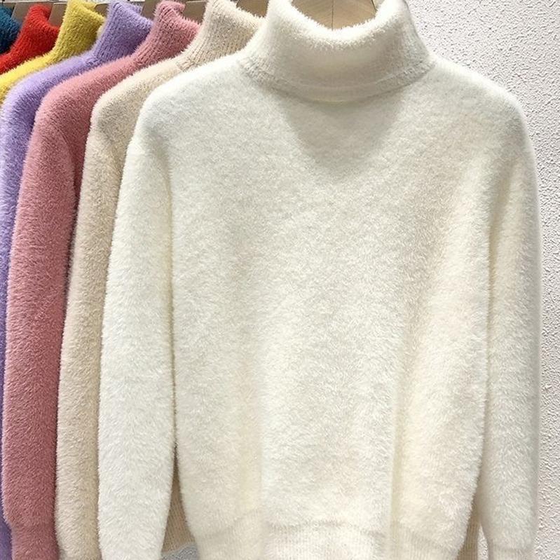 Women's Turtleneck Sweater Faux Mink Women Solid Plush Thickened Warm Bottoming Shirts Basic Knitwear Thermal Pullovers
