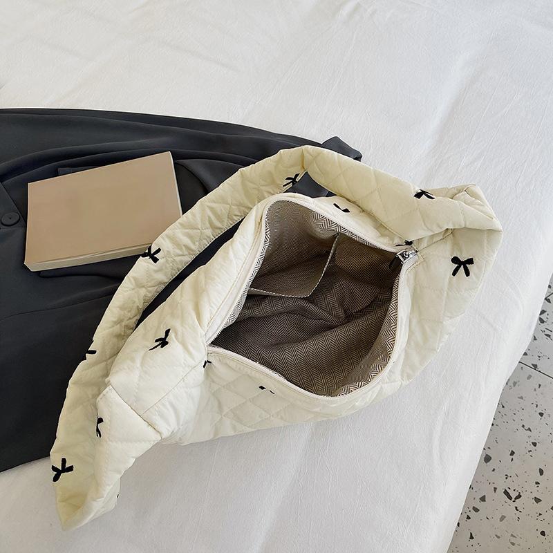 Women Nylon Bow Tie Crescent Crossbody Bag Large Capacity Quilted Dumpling Bag Padding Shoulder Bag Puffy Simple Satchel Bag CLE