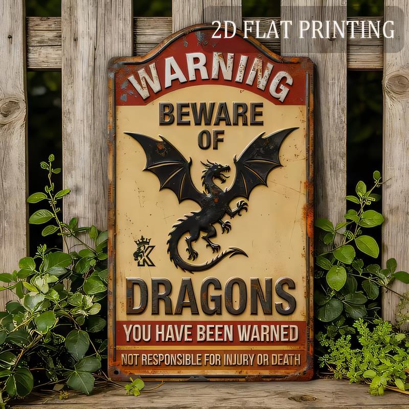 Blechschild Warnung Vorsicht vor Drachen Druck Retro Metallschild Vintage Stil Drachenposter Wanddekoration für Spielzimmer Man Cave Ga