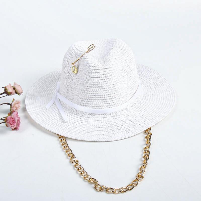 Sommer-Strohhut Fedora mit Metallschalen-Kettendesign, Europäischer Mode-Sonnenhut mit breiter Krempe für den Strandurlaub M 56-58cm