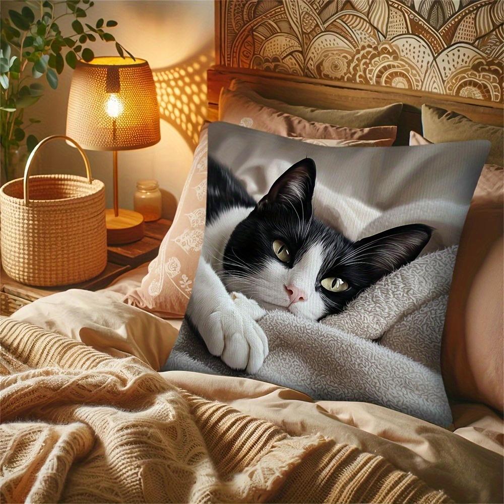 Cute Black White Cat Pillow Cover Realistic Tuxedo Cat Print Soft Cushion Case For Sofa Couch Pet Lover Home Decor