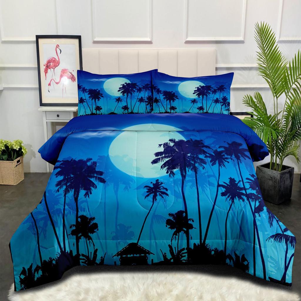 Gulf Coconut Tree Landscape Home Textiles Bedding Printing Fat Quilt Three-piece Quilt Cover Set