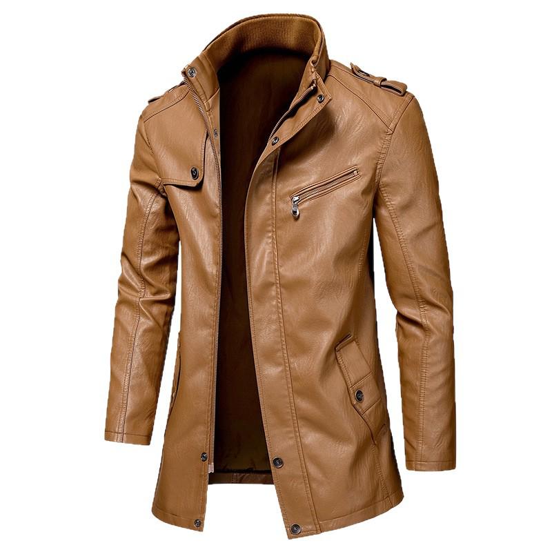 Men's Trendy Long-Style Windproof Leather Jacket with Stand Collar